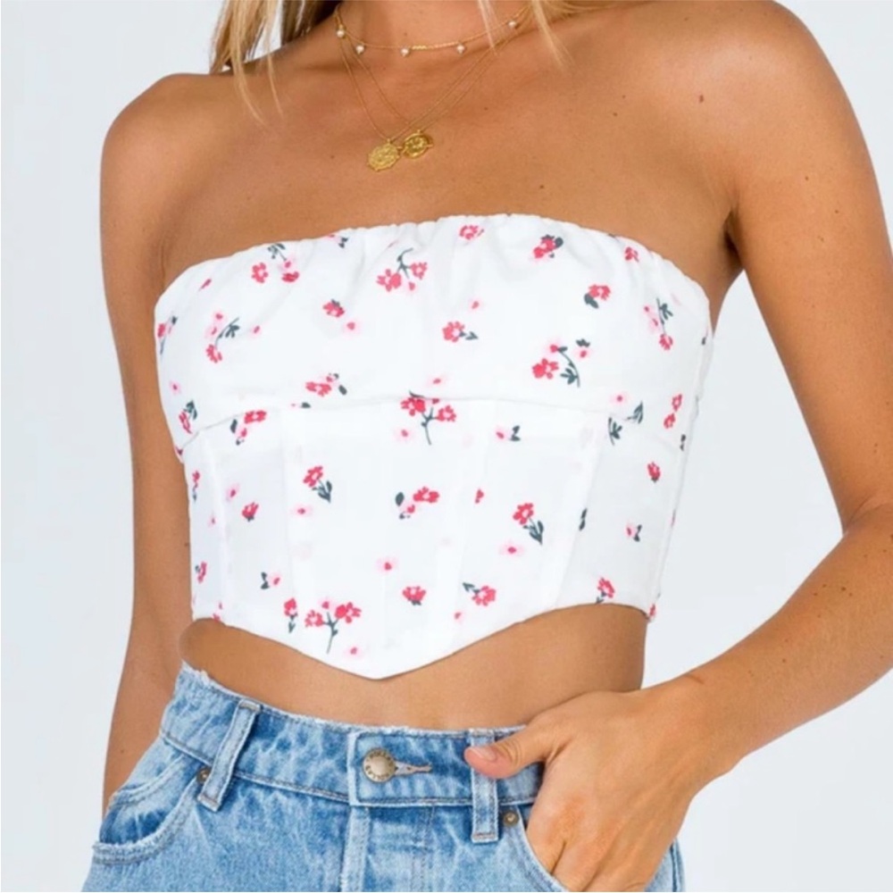 PRINCESS POLLY Floral Print White Bustier Corset Style Crop Tube Top